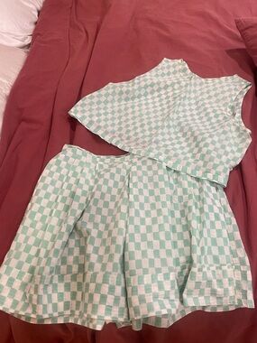 Mint Green Checker Two-Piece Crop Top & Skirt Set